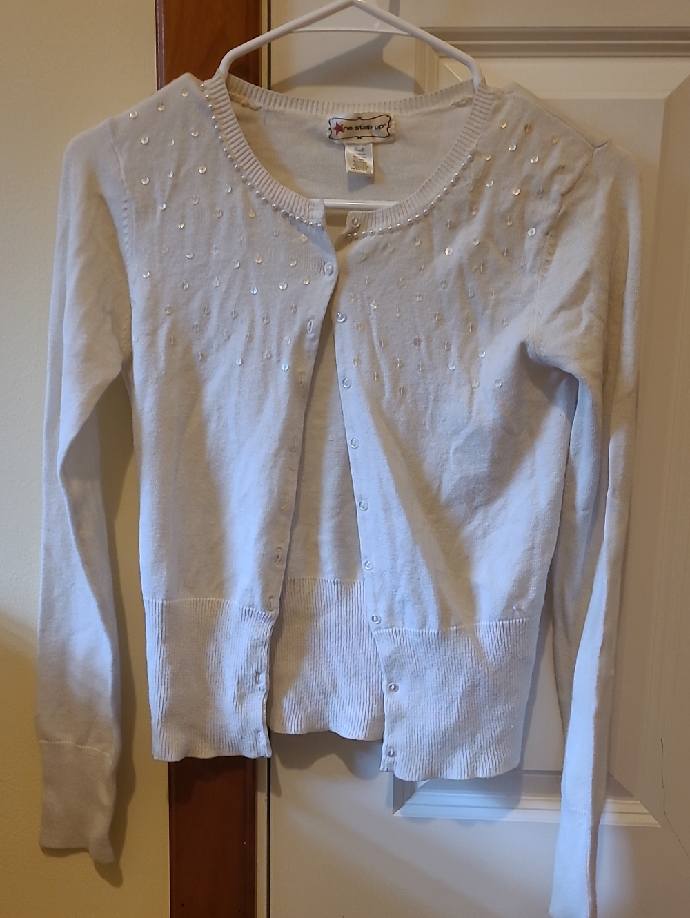 One Step Ahead White Sequin-Embellished Crewneck Cardigan